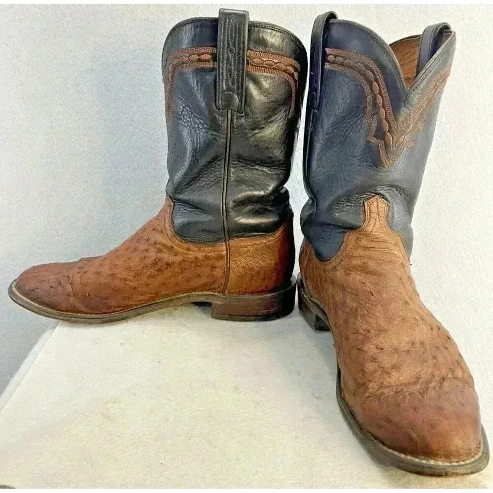 Lucchese 1883 Full Quill Ostrich Western Chocolate Peanut Brittle Boots 9D